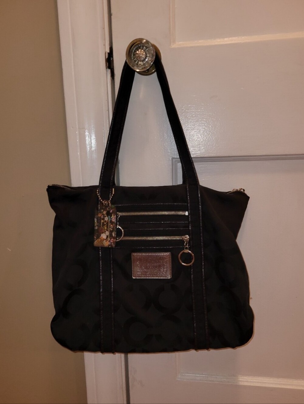 Vintage Coach Black Poppy Tote with Front Zip Pockets and Signature C Pattern